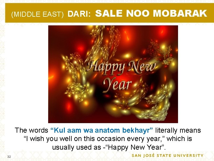 (MIDDLE EAST) DARI: SALE NOO MOBARAK The words “Kul aam wa anatom bekhayr” literally