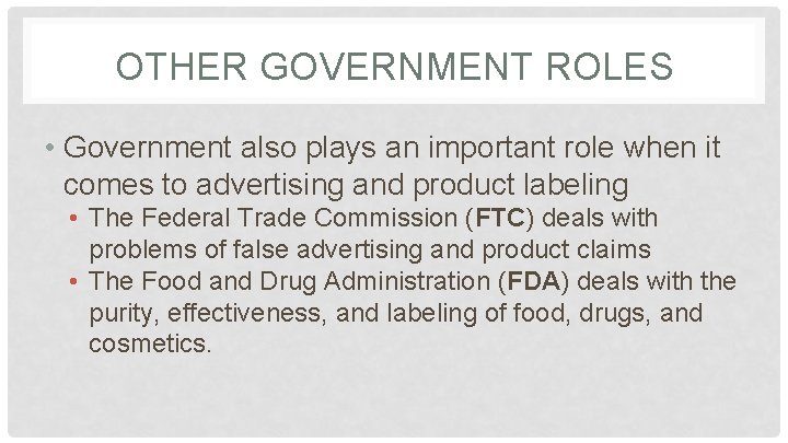 OTHER GOVERNMENT ROLES • Government also plays an important role when it comes to