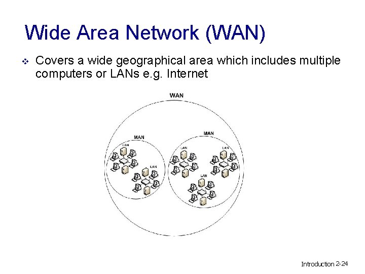 Wide Area Network (WAN) v Covers a wide geographical area which includes multiple computers