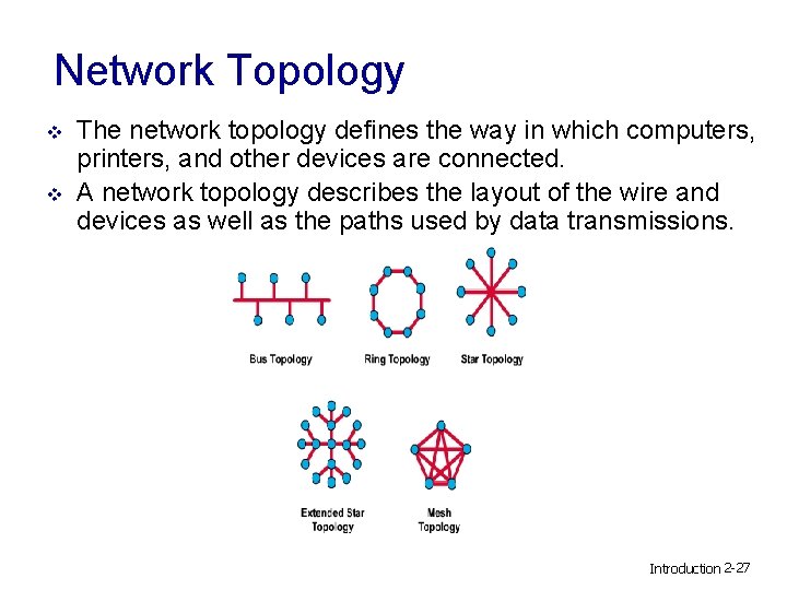 Network Topology v v The network topology defines the way in which computers, printers,