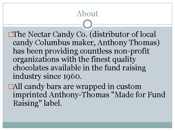 About �The Nectar Candy Co. (distributor of local candy Columbus maker, Anthony Thomas) has About �The Nectar Candy Co. (distributor of local candy Columbus maker, Anthony Thomas) has