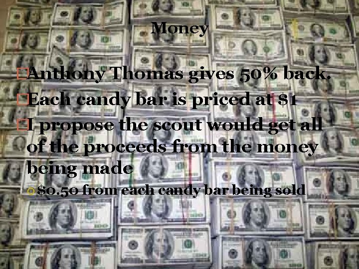 Money �Anthony Thomas gives 50% back. �Each candy bar is priced at $1 �I Money �Anthony Thomas gives 50% back. �Each candy bar is priced at $1 �I