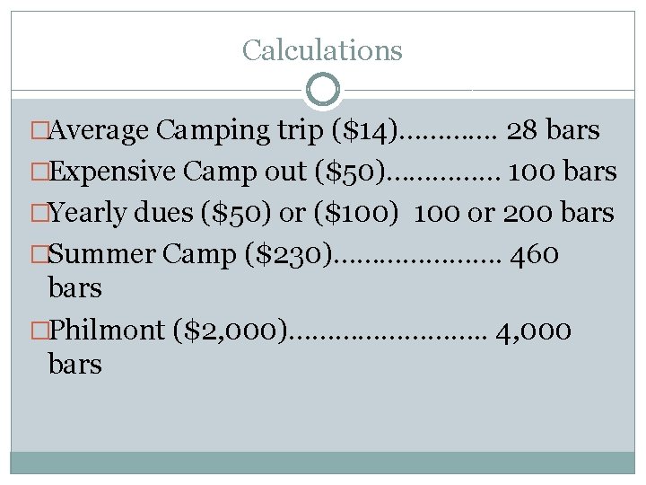Calculations �Average Camping trip ($14)…………. 28 bars �Expensive Camp out ($50)…………… 100 bars �Yearly Calculations �Average Camping trip ($14)…………. 28 bars �Expensive Camp out ($50)…………… 100 bars �Yearly