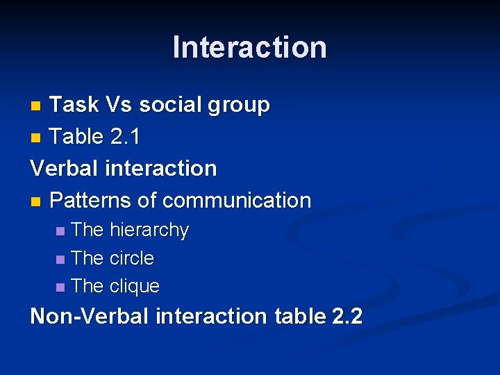 Interaction Task Vs social group n Table 2. 1 Verbal interaction n Patterns of Interaction Task Vs social group n Table 2. 1 Verbal interaction n Patterns of