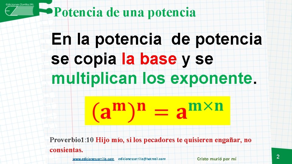 Potencia de una potencia En la potencia de potencia se copia la base y