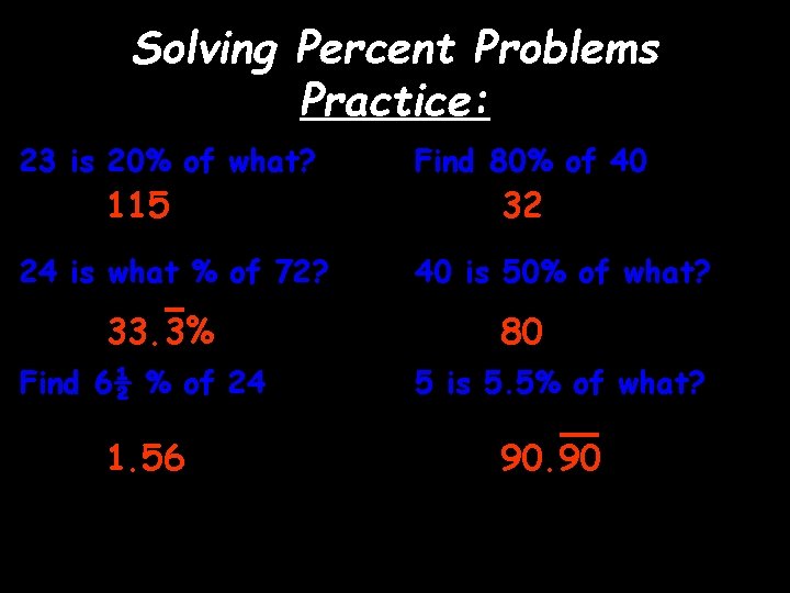 Solving Percent Problems Practice: 23 is 20% of what? Find 80% of 40 24