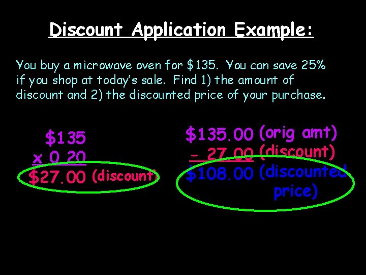 Discount Application Example: You buy a microwave oven for $135. You can save 25%