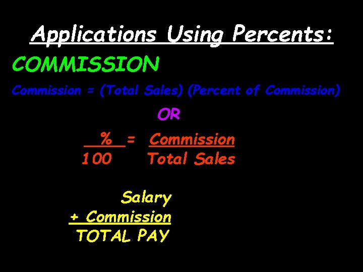 Applications Using Percents: COMMISSION Commission = (Total Sales) (Percent of Commission) OR % =