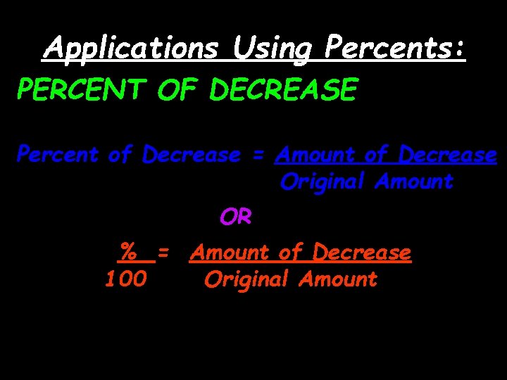 Applications Using Percents: PERCENT OF DECREASE Percent of Decrease = Amount of Decrease Original