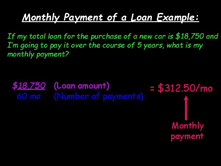 Monthly Payment of a Loan Example: If my total loan for the purchase of