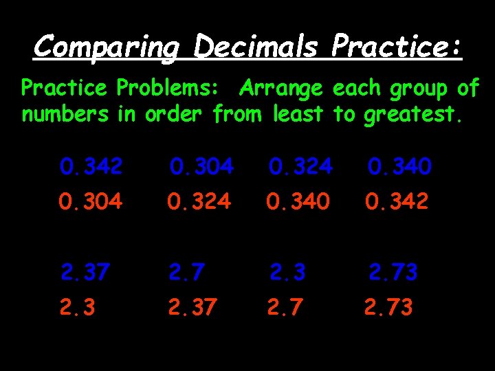 Comparing Decimals Practice: Practice Problems: Arrange each group of numbers in order from least