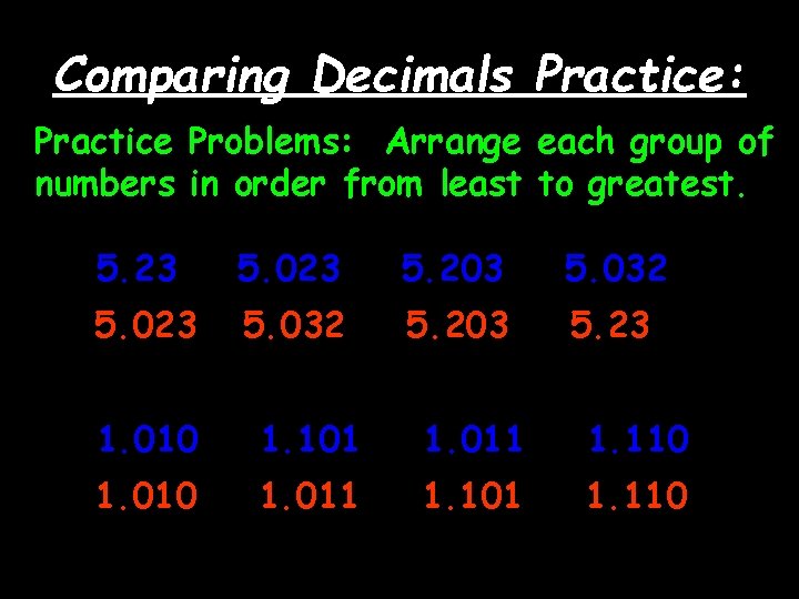 Comparing Decimals Practice: Practice Problems: Arrange each group of numbers in order from least