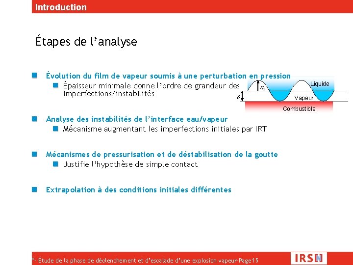 Introduction Étapes de l’analyse Évolution du film de vapeur soumis à une perturbation en