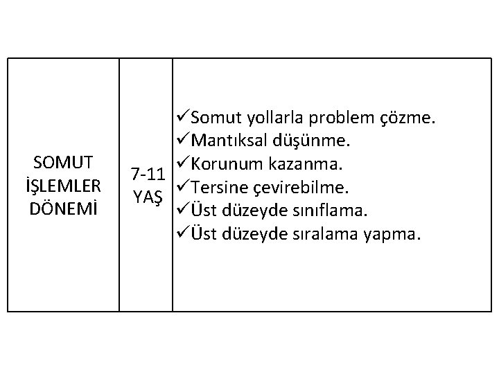 üSomut yollarla problem çözme. üMantıksal düşünme. SOMUT üKorunum kazanma. 7 -11 İŞLEMLER üTersine çevirebilme.