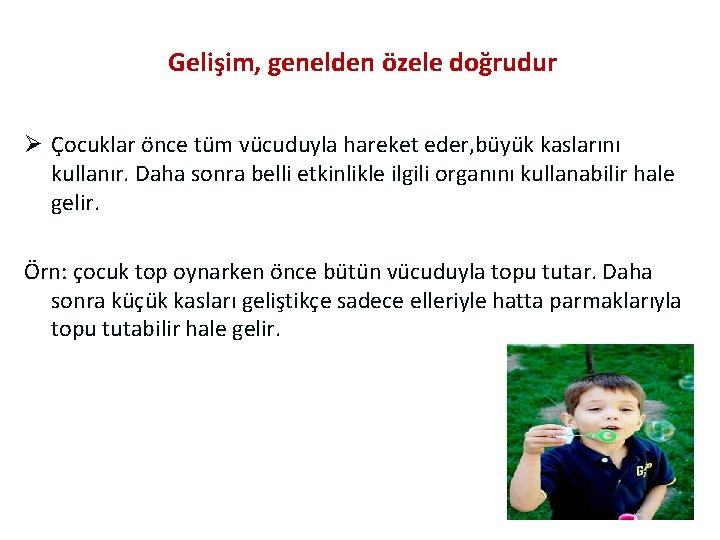 Gelişim, genelden özele doğrudur Ø Çocuklar önce tüm vücuduyla hareket eder, büyük kaslarını kullanır.