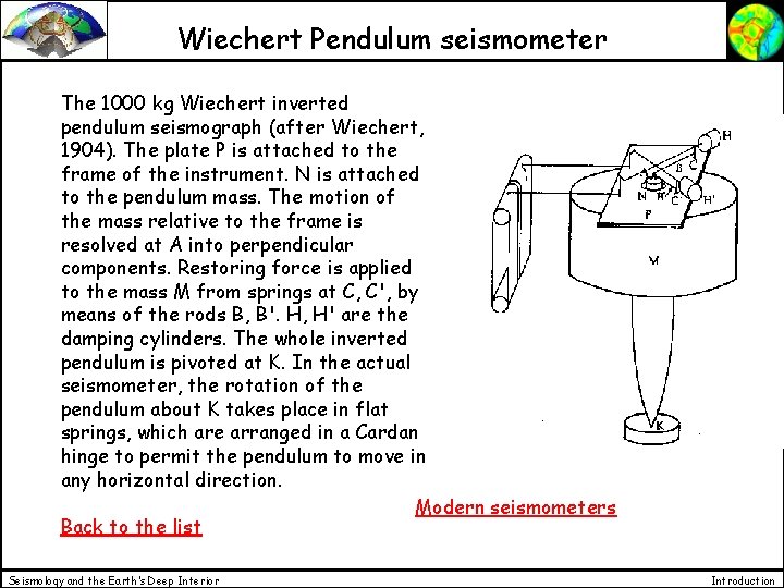 Wiechert Pendulum seismometer The 1000 kg Wiechert inverted pendulum seismograph (after Wiechert, 1904). The