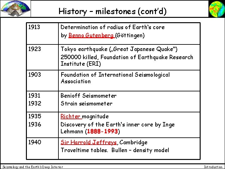 History – milestones (cont’d) 1913 Determination of radius of Earth‘s core by Benno Gutenberg