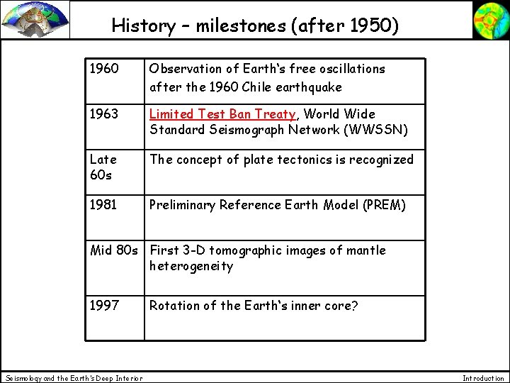 History – milestones (after 1950) 1960 Observation of Earth‘s free oscillations after the 1960