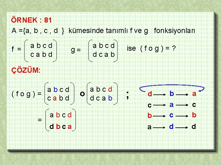 ÖRNEK : 81 A ={a, b , c , d } kümesinde tanımlı f