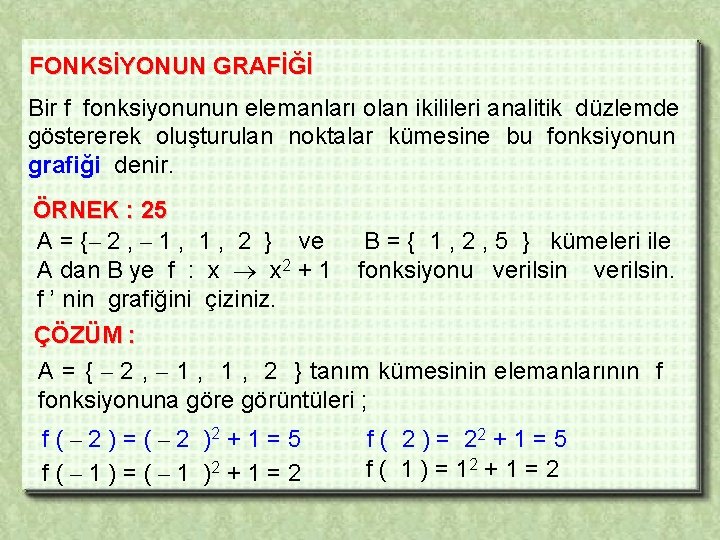 FONKSİYONUN GRAFİĞİ Bir f fonksiyonunun elemanları olan ikilileri analitik düzlemde göstererek oluşturulan noktalar kümesine