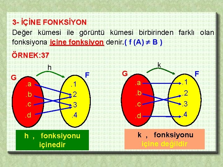 3 - İÇİNE FONKSİYON Değer kümesi ile görüntü kümesi birbirinden farklı olan fonksiyona içine