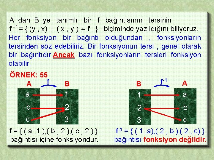 A dan B ye tanımlı bir f bağıntısının tersinin f -1 = { (y