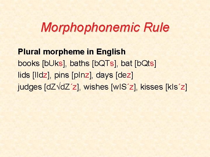 Morphophonemic Rule Plural morpheme in English books [b. Uks], baths [b. QTs], bat [b.