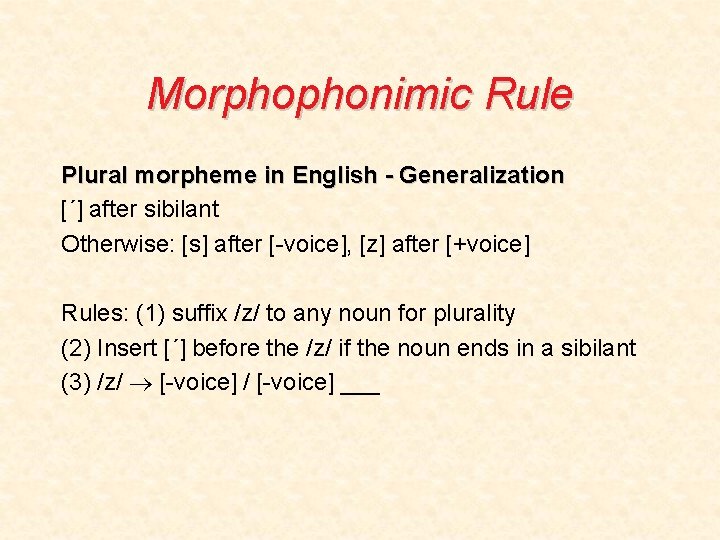Morphophonimic Rule Plural morpheme in English - Generalization [´] after sibilant Otherwise: [s] after