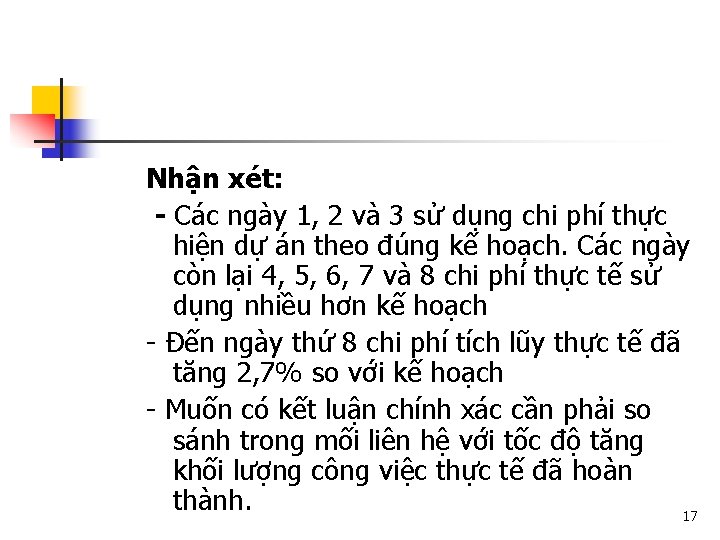 Nhận xét: - Các ngày 1, 2 và 3 sử dụng chi phí thực