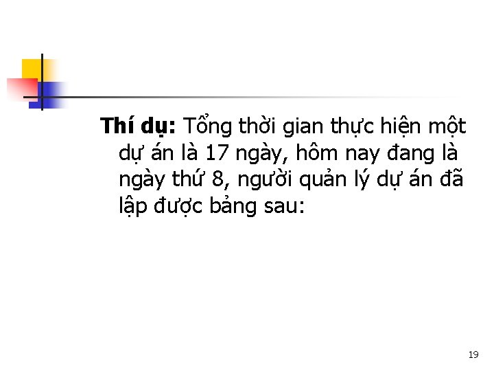 Thí dụ: Tổng thời gian thực hiện một dự án là 17 ngày, hôm