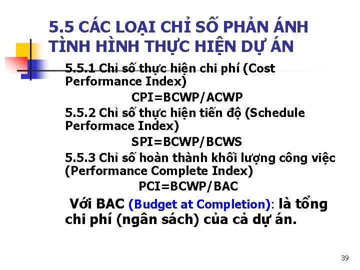 5. 5 CÁC LOẠI CHỈ SỐ PHẢN ÁNH TÌNH HÌNH THỰC HIỆN DỰ ÁN