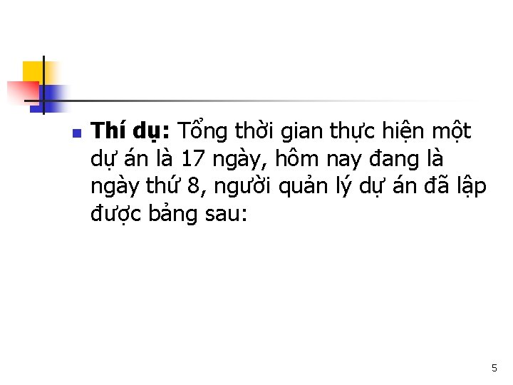 n Thí dụ: Tổng thời gian thực hiện một dự án là 17 ngày,