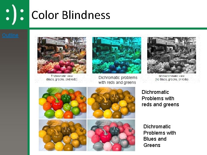 Color Blindness Outline Dichromatic problems with reds and greens Dichromatic Problems with Blues and