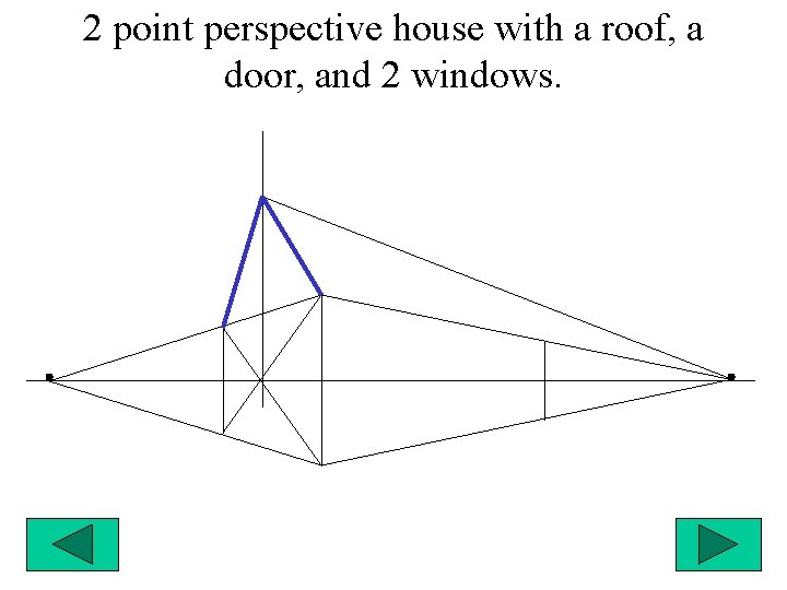 2 point perspective house with a roof, a door, and 2 windows. 