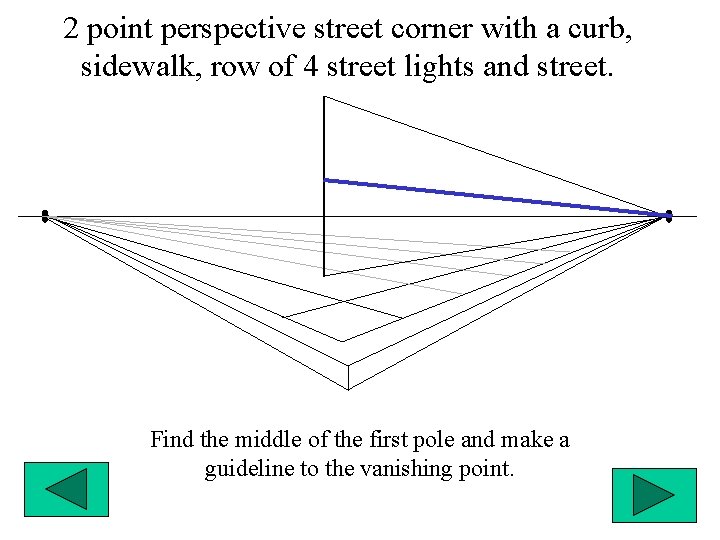 2 point perspective street corner with a curb, sidewalk, row of 4 street lights