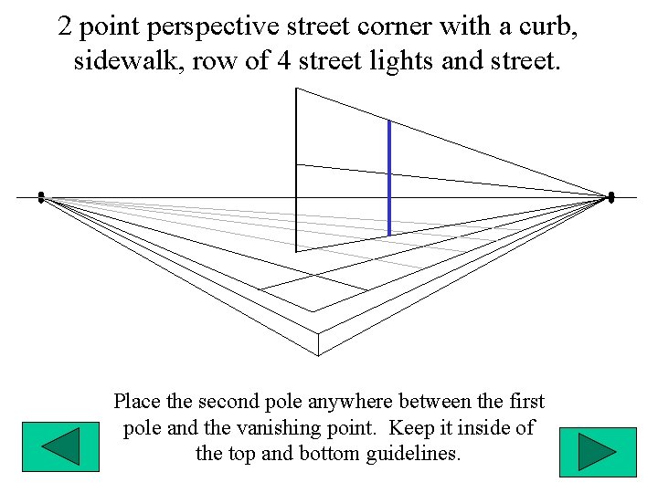 2 point perspective street corner with a curb, sidewalk, row of 4 street lights