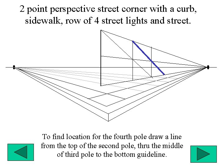 2 point perspective street corner with a curb, sidewalk, row of 4 street lights