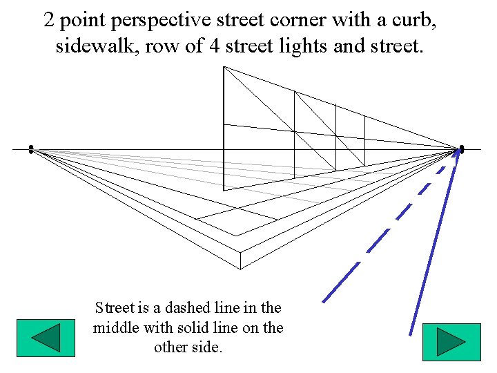 2 point perspective street corner with a curb, sidewalk, row of 4 street lights