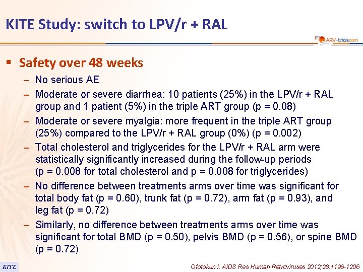 KITE Study: switch to LPV/r + RAL § Safety over 48 weeks – No