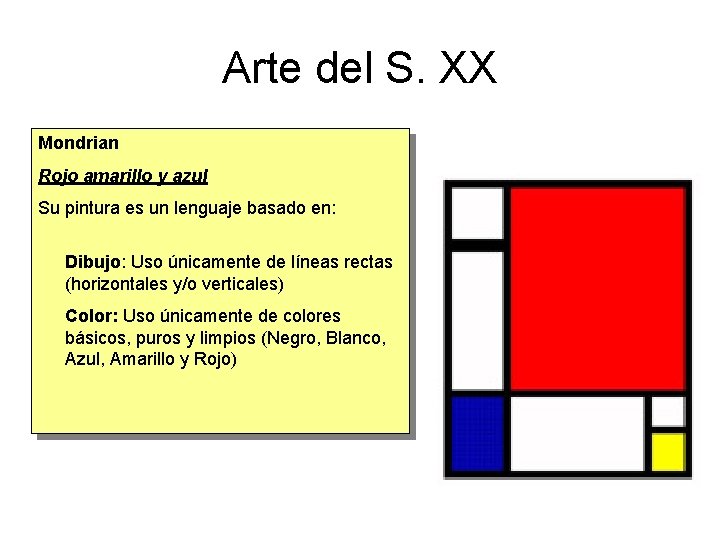 Arte del S. XX Mondrian Rojo amarillo y azul Su pintura es un lenguaje