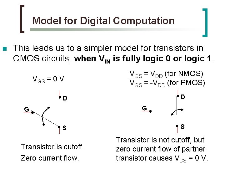 Model for Digital Computation n This leads us to a simpler model for transistors