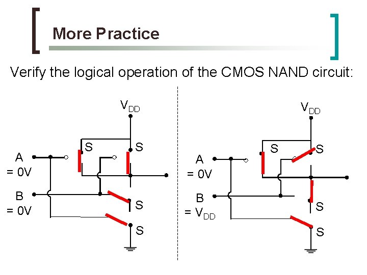 More Practice Verify the logical operation of the CMOS NAND circuit: VDD A =