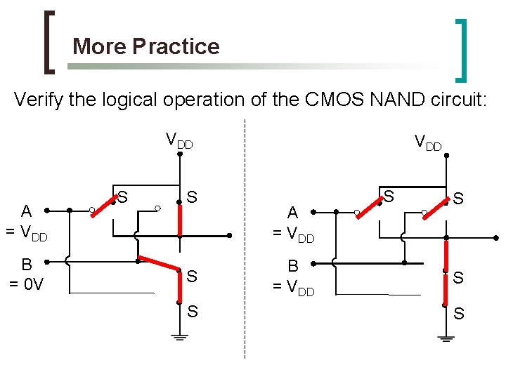 More Practice Verify the logical operation of the CMOS NAND circuit: VDD A =