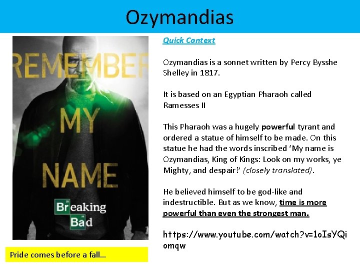 Ozymandias Quick Context Ozymandias is a sonnet written by Percy Bysshe Shelley in 1817.