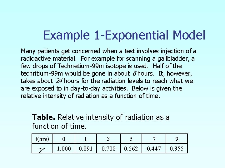 Example 1 -Exponential Model Many patients get concerned when a test involves injection of