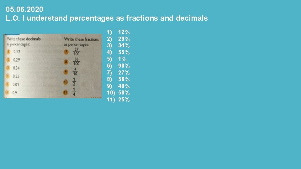 05. 06. 2020 L. O. I understand percentages as fractions and decimals 1) 2)