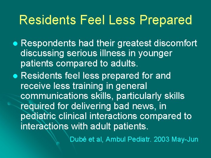 Residents Feel Less Prepared Respondents had their greatest discomfort discussing serious illness in younger