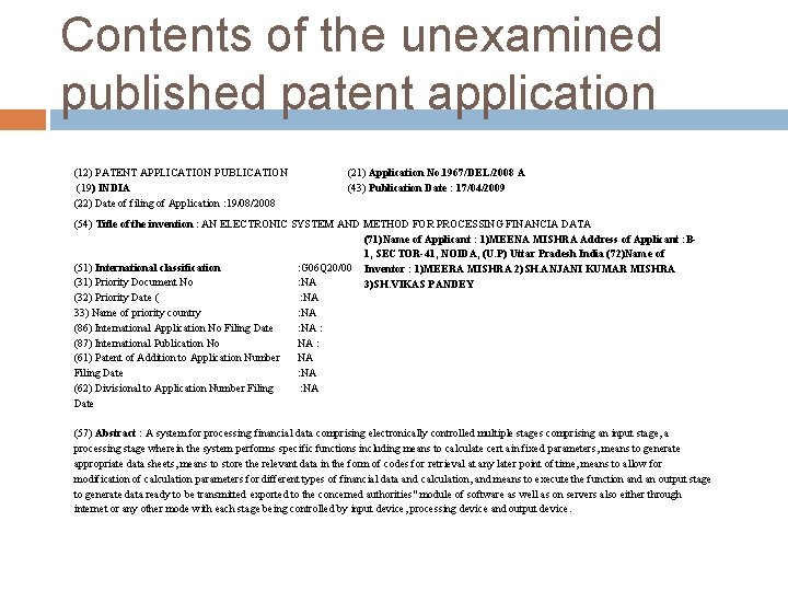 Contents of the unexamined published patent application (12) PATENT APPLICATION PUBLICATION (19) INDIA (22)