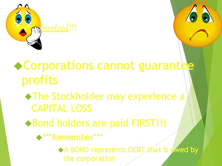 Risk IS Involved!!! Corporations profits cannot guarantee The Stockholder may experience a CAPITAL LOSS