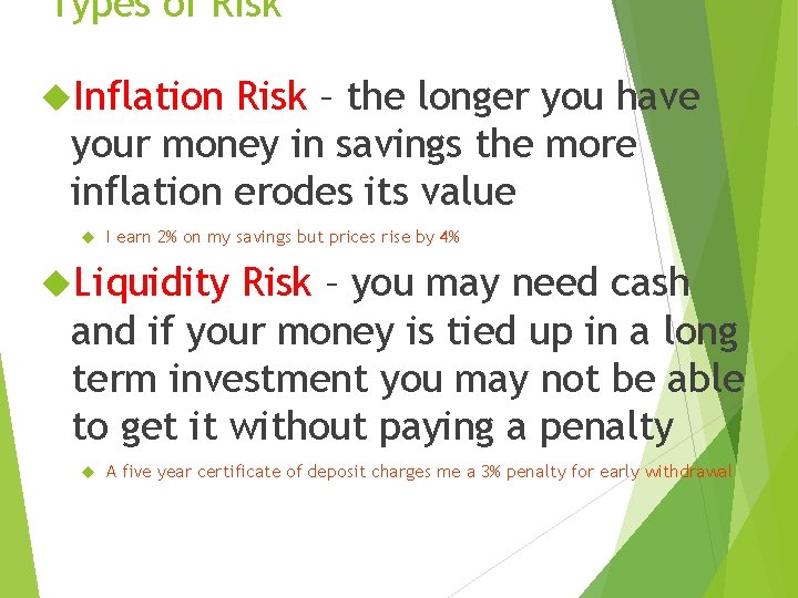 Types of Risk Inflation Risk – the longer you have your money in savings